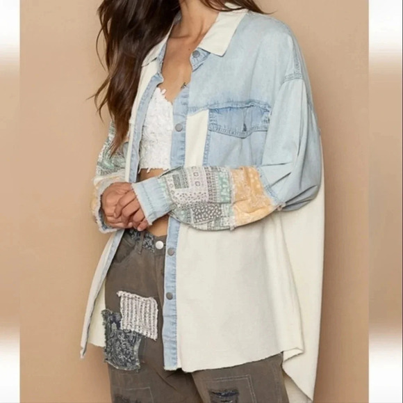 New! POL Oversized Contrast Denim Ivory Fabric Panels Button Down Shacket M - Picture 11 of 13